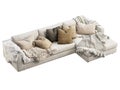 Chalet three-seat white velvet upholstery sofa with pillows and pelts. 3d render