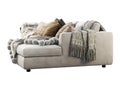 Chalet three-seat white velvet upholstery sofa with pillows and pelts. 3d render