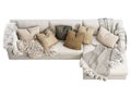 Chalet three-seat white velvet upholstery sofa with pillows and pelts. 3d render Royalty Free Stock Photo