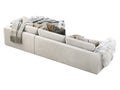 Chalet three-seat white velvet upholstery sofa with pillows and pelts. 3d render