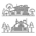 Chalet with Trees Icons Set on White Background. Vector