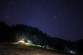 Chalet under the stars, visible Milky Way galaxy, clear sky, long exposure Royalty Free Stock Photo