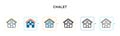 Chalet vector icon in 6 different modern styles. Black, two colored chalet icons designed in filled, outline, line and stroke Royalty Free Stock Photo