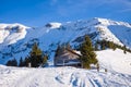 The chalets in the Mont Blanc massif Between Mont Joly and Aiguille Croche in Europe, France, Rhone Alpes, Savoie, Alps, in winter