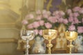 Chalice and ambula on the altar - moment of the holy mass Royalty Free Stock Photo