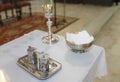 Chalice, communion wafers, wine and water jugs Royalty Free Stock Photo