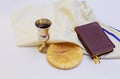 Chalice with red wine bread and Holy Bible Royalty Free Stock Photo