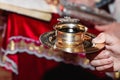 Chalice with red wine for Communion, holy bread, preparation before Divine Liturgy in orthodox Church. Inscription Royalty Free Stock Photo