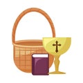 Chalice sacred with holy bible and basket wicker