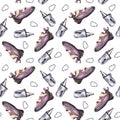 Chalk bag climbing carabiner shoe seamless pattern Isolated white background Hand drawn illustration
