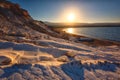 Chalk beach on Cyprus at sunrise, scenic seascape Royalty Free Stock Photo