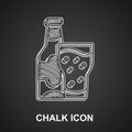 Chalk Beer bottle and glass icon isolated on black background. Alcohol Drink symbol. Vector