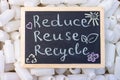 Chalk board Reduse Reuse Recycle sign on the background of empty plastic packaging. Top view