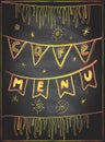 Chalk cafe menu holiday board with golden flags garland