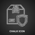 Chalk Delivery security with shield icon isolated on black background. Delivery insurance. Insured cardboard boxes