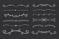 Chalk divider thin line classic geometric deco border separator collection isolated on dark chalkboard background