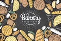 Chalk drawing Bakery background. Top view of bakery products