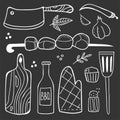 Chalk drawing bbq doodle set. Hand drawn modern barbeque cooking food collection, meat vegetables and tools for grill party,