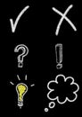 chalk drawing on blackboard correct incorrect lightbulb idea speech cloud question mark exclamation mark