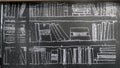 Chalk drawing of book shelves in library on black board