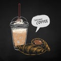 Chalk drawing of coffee cup with croissants