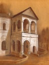 Chalk drawing. Facade of an ancient building