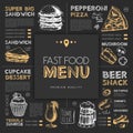 Chalk drawing fast food restaurant menu design with hand drawing sandwich and pizza. Royalty Free Stock Photo