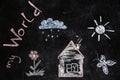 Chalk drawing of house and sun on a black background, Royalty Free Stock Photo