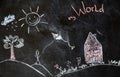 Chalk drawing of house and sun on a black background, Royalty Free Stock Photo