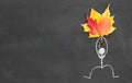 Chalk drawing icon man holding a bouquet of autumn leaves on blackboard or chalkboard background. autumn or seasonal concept. cop