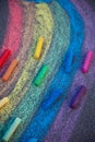 Chalk drawing. A rainbow painted on the asphalt with multicolored large crayons Royalty Free Stock Photo