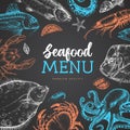 Chalk drawing Seafood menu cover design with different kinds of fish.