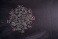 Chalk drawing of a virus COVID-19 on the background of blackboard. Back to school Royalty Free Stock Photo