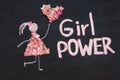 Chalk drawing woman icon dressed in nature flowers with heart from flowers. GIRL POWER inscription on chalkboard or blackboard. Le