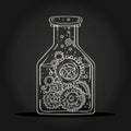 Chalk drawings on blackboard. Lab and mechanical engineering concept. Laboratory glassware, flask various gears inside Royalty Free Stock Photo