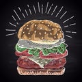 Chalk drawn colored illustration burger.