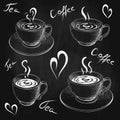 Chalk drawn cups of coffee or tea with saucer and lettering isolated on chalkboard. coffee love sketch on black board Royalty Free Stock Photo