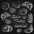 Chalk drawn donut croissant eclair, pretzel. variety pastries on black chalkboard. bakery goods vector illustration on