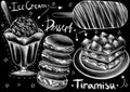 Chalk drawn style desserts, package, drinks and calligraphy words on the flat black background