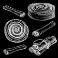 Chalk drawn sweet cinnamon buns and cinnamon sticks on black chalkboard. Vector illustration. sweet dessert, pastry