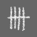 Chalk drawn tally mark symbolized number 5 in unary numeral system. White hand drawn counting sticks on gray chalkboard