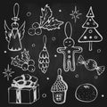 chalk drawn vector christmas doodle clipart set isolated on backboard. xmas or new year outline sketched icons. Vintage Royalty Free Stock Photo