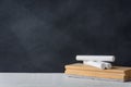 Chalk and eraser board on the white desk. Blackboard background Royalty Free Stock Photo