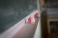 Chalk and eraser on the shelf below a chalkboard Royalty Free Stock Photo