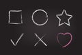 Chalk figure set on black schoolboard. Vector chalk hand drawn design elements: square, circle, star, check mark, cross