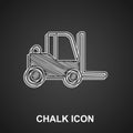 Chalk Forklift truck icon isolated on black background. Fork loader and cardboard box. Cargo delivery, shipping