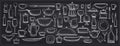 Chalk graphic doodle set of kitchen utensils and tableware