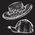 Chalk hand drawing. Element for a picnic-style Doodle on a black Board background. Set of Summer hats and cap a woman`s