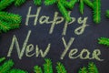 Chalk handwritten inscription Happy New Year . Christmas tree branch