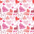 Chalk hearts seamless pattern. Various Crayon heart repeatable background. Valentines day Children drawing love